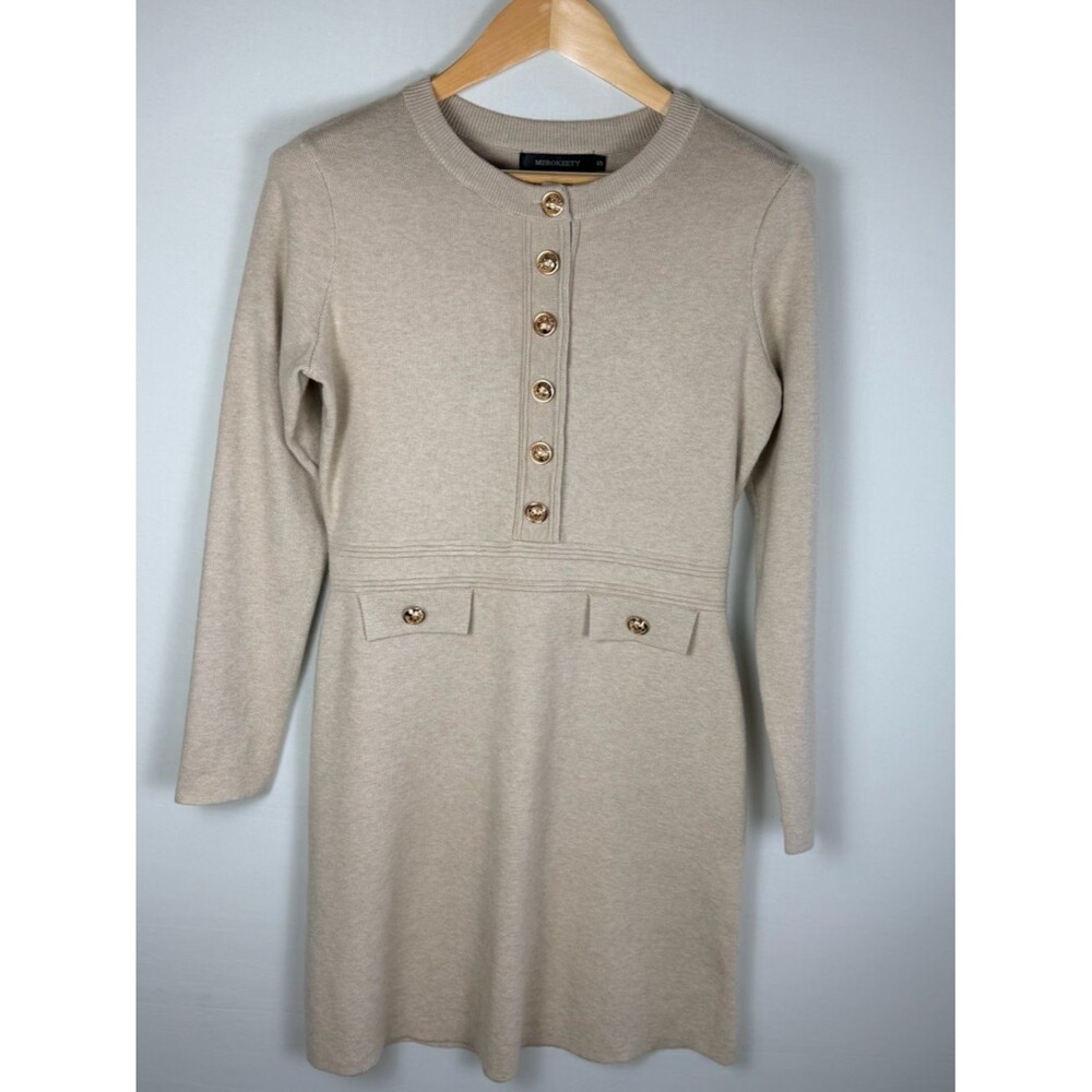 MEROKEETY Small Beige Knit Sweater Dress Gold Button Fit Flare Preppy Soft Girl